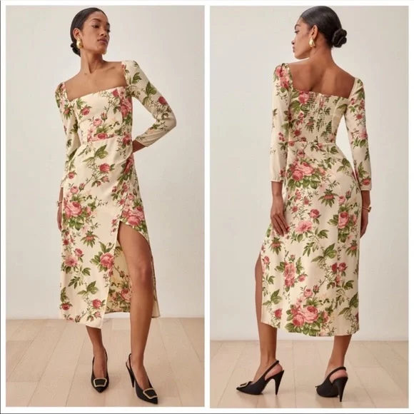 Reformation Hilda Floral Print Ruched Smocked Midi Dress In Jardin NWT Size 10 - Picture 1 of 15